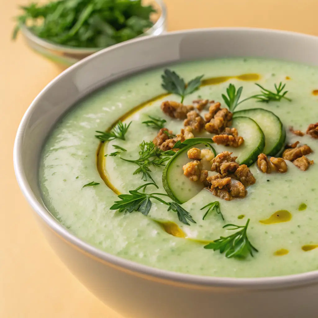 Creamy chilled cucumber soup with extra virgin olive oil, herbs, and toasted walnuts.