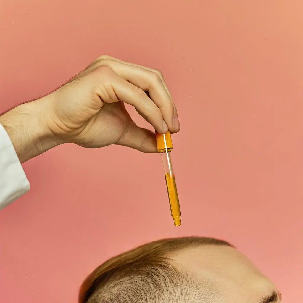 A hand holds a dropper of olive oil over a man's scalp.