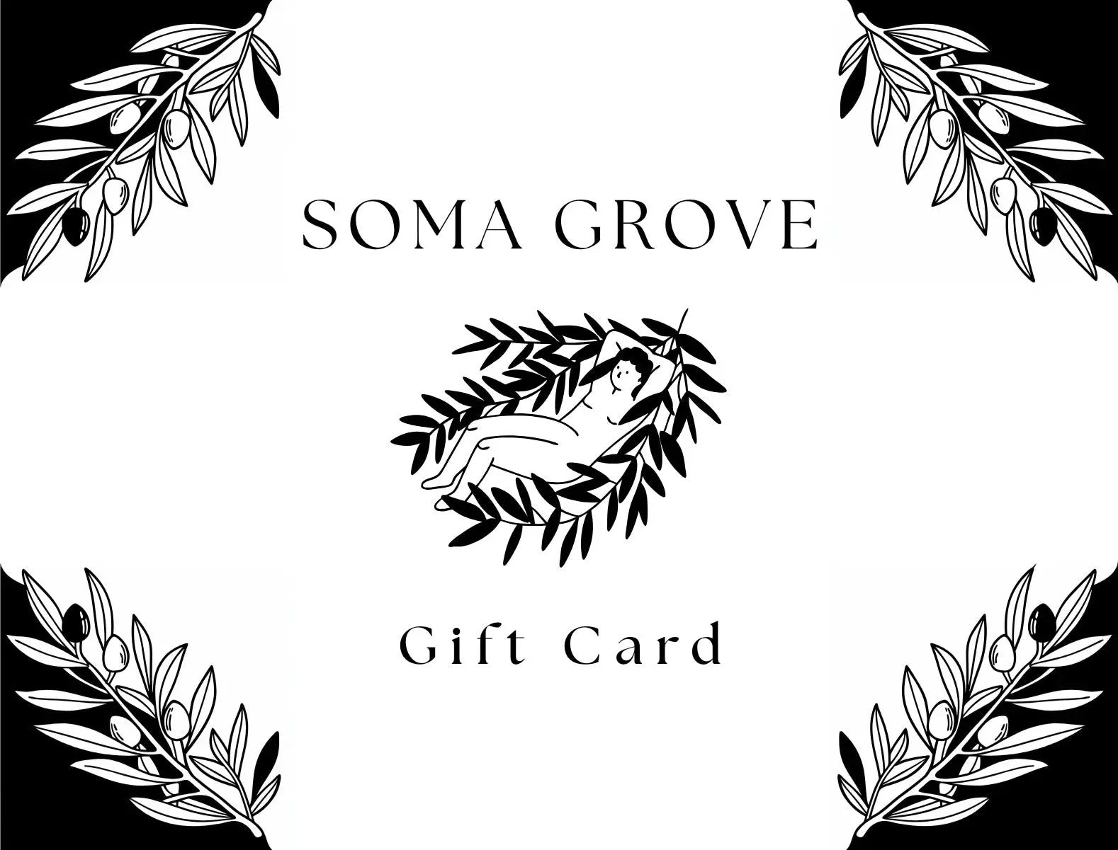 A Soma Grove gift card featuring the brand logo of a floating human figure in olive branches.