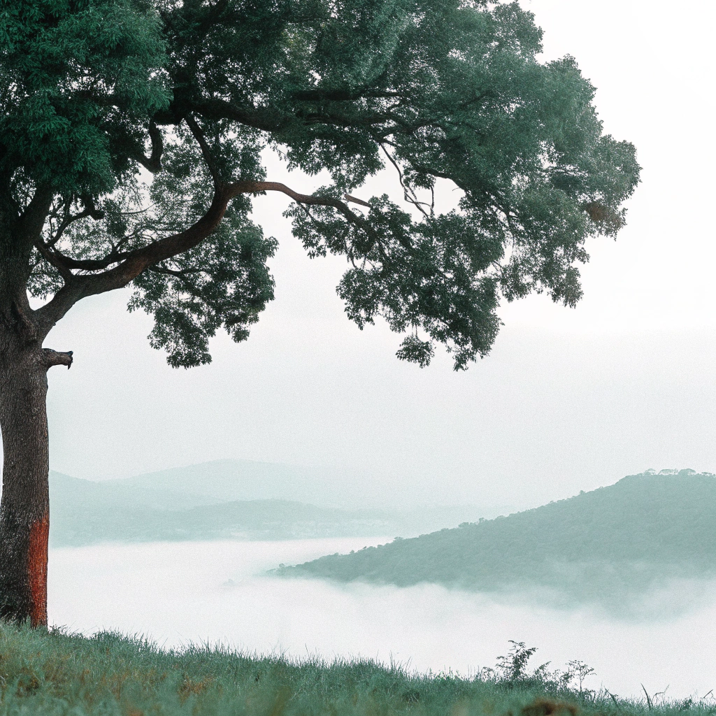 Tree on a hill with misty landscape